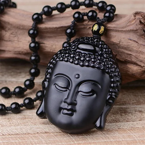 Vista 2 de Collar de obsidiana negra con dije de protección de amuleto de la suerte con cadena de cuentas extendida, piedra de cristal curativo, collares
