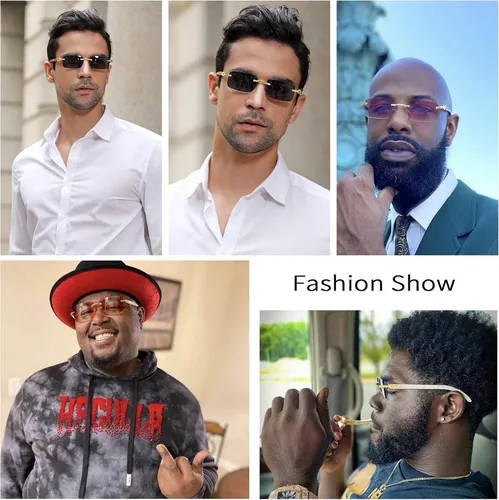 Vista 2 de Dollger Gafas de sol rectangulares sin montura para hombres y mujeres diseño de madera hip-hop pequeñas gafas de sol cuadradas sin marco de los años