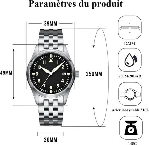 Vista 3 de ADDIESDIVE Reloj piloto para hombre automático de acero NH35A Movimiento Diver 200M esfera luminiscente