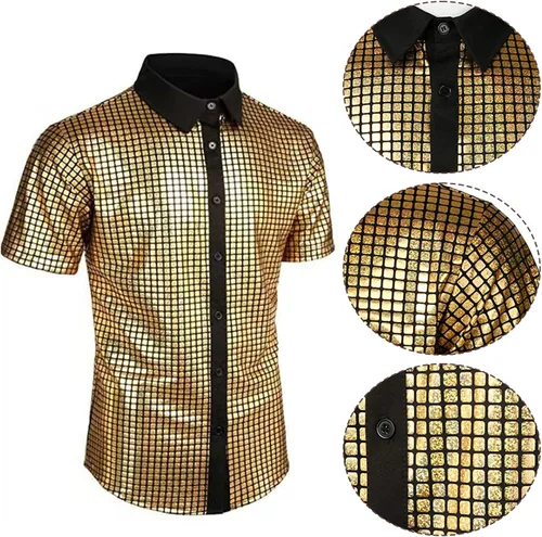 Vista 3 de DreamJ Conjuntos de discoteca de los años 70 para hombre, conjunto de camisa de lentejuelas metálicas, disfraz brillante de discoteca con peluca