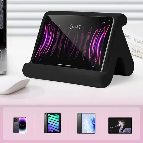 Vista 5 de Soporte universal multiángulo para tableta, soporte suave con soporte de teléfono negro para regazo, rodilla, sofá y cama, compatible con iPad Pro