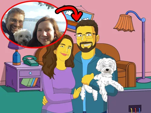 Vista 7 de Retrato personalizado estilo Los Simpsons de dibujo animado a partir de tu foto – Medio cuerpo – Prueba en 24 horas – Póster impreso o lienzo