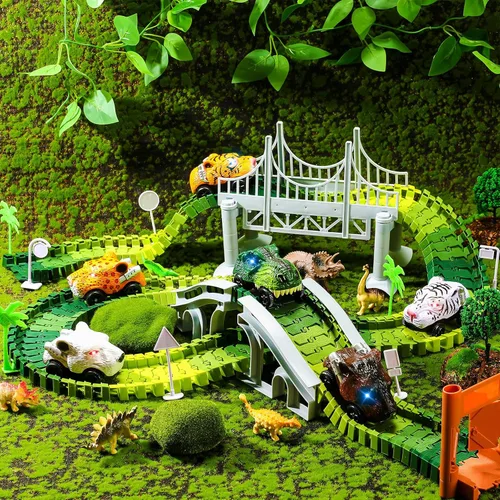 Vista 4 de Skylety - Paquete de 6 coches de carreras de dinosaurios LED compatibles con la mayoría de pistas, bestia Battery Powered Glowing Toys