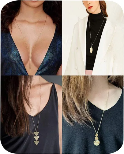 Vista 3 de Fesciory - Juego de 6 collares largos con dije para mujer, diseño de círculo, hoja, triángulo, borla y collar para niñas