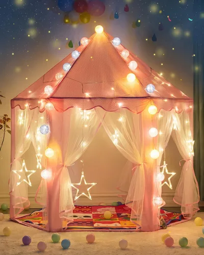 Vista 2 de wilwolfer tienda de campaña tipo castillo de princesa para niñas, tienda de campaña hexagonal grande para jugar, casa de juegos con luces de Rosa
