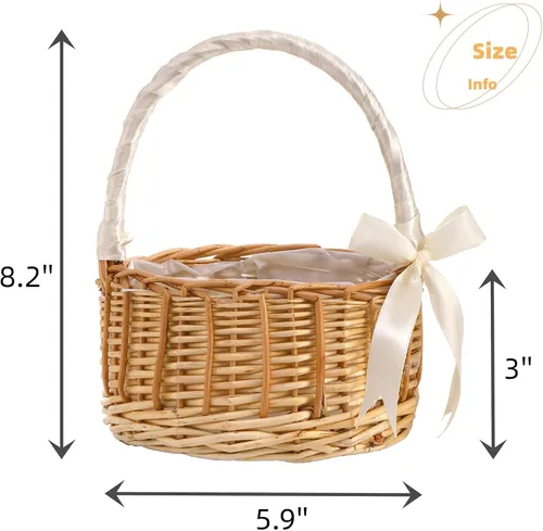 Vista 2 de Lyellfe Paquete de 2 canastas de mimbre hechas a mano con cinta de seda con asa, cesta decorativa para huevos y dulces para regalos, bodas