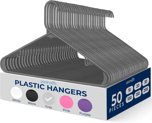 Vista 35 de SereneLife - Juego de 10 perchas de plástico con gancho de metal, color negro Non-Slip, Lightweight hangers with a slim profile help keep closets