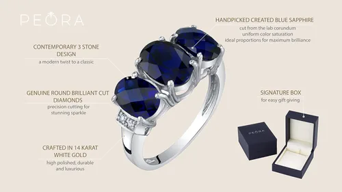 Vista 4 de Peora Anillo trino de tres piedras de oro blanco macizo de 14 quilates y piedras preciosas auténticas o creadas para mujer, tallas 5 a 9, Metal