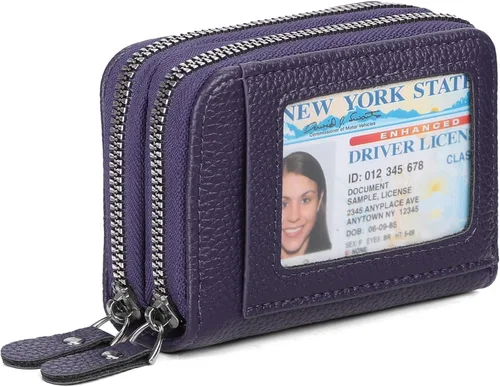 Vista 7 de RNIEGA Cartera pequeña de piel con bloqueo RFID para tarjetas de crédito, cartera pequeña para mujer, doble cremallera con ventana de identificación