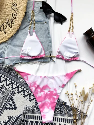 Vista 3 de Traje de baño de 2 piezas para mujer Tie Dye Sexy Halter Chain Bikini Triángulo traje de baño traje de baño