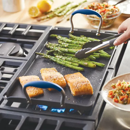 Vista 8 de Anolon Advanced Home Parrilla/Plancha Plana Antiadherente de Doble Quemador Anodizada Dura, 10 x 18 Pulgadas, Índigo