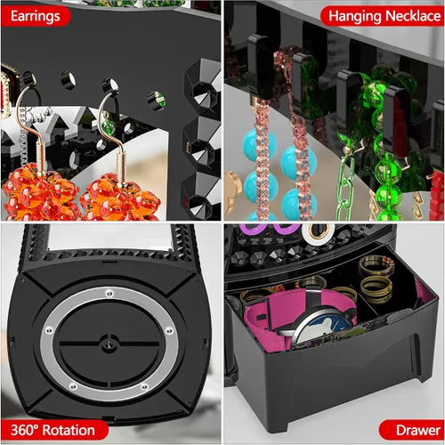 Vista 6 de Famitree Soporte giratorio de 360 grados y organizador de joyas, mesa giratoria de joyería de 3 niveles con cajón, 120 agujeros y 108 ganchos