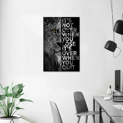Vista 5 de Lienzo impreso de cabeza de león, arte de pared inspirador, póster de animales en blanco y negro, imagen motivacional con cita motivacional
