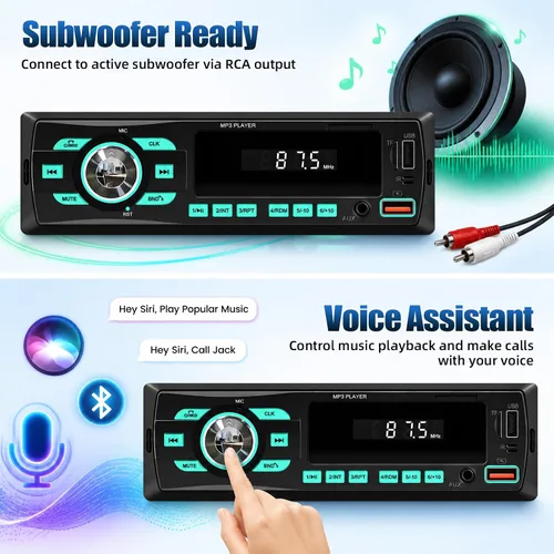 Vista 6 de Radio de coche Bluetooth Single DIN Audio estéreo para automóvil, audio para automóvil con Bluetooth dual y control de aplicaciones, compatible