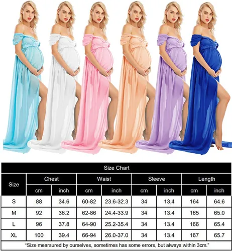 Vista 6 de Vestido largo de gasa con hombros descubiertos para fotografía de maternidad con abertura frontal para sesión de fotos