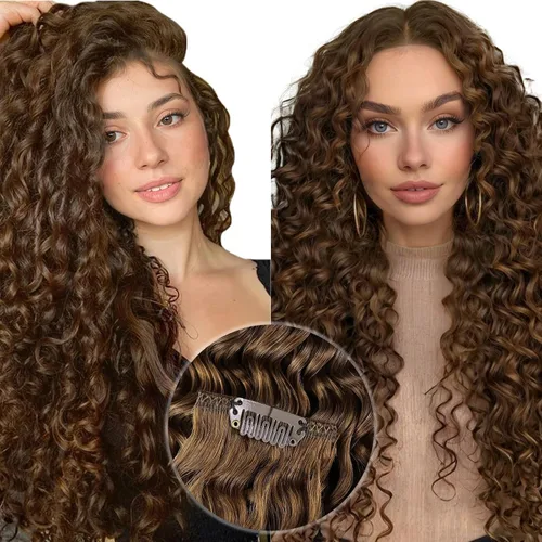 Vista 37 de Hetto . Extensiones de cabello humano rizado con clip, color #1 negro azabache, extensiones de cabello humano ondulado natural para cabeza completa