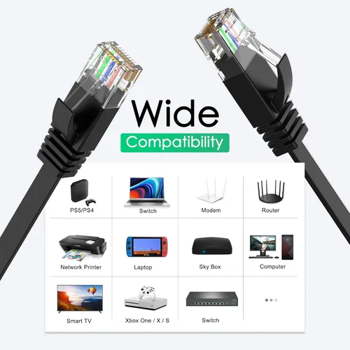 Vista 5 de Cable Ethernet plano Cat 6 de 30 pies, red de 10 Gps, color negro