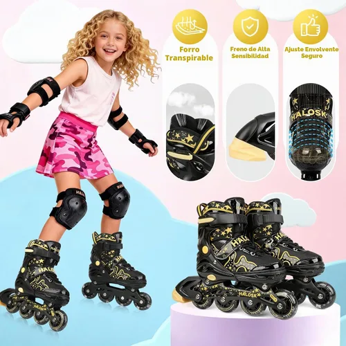 Vista 5 de Patines en línea para niñas y niños con ruedas iluminadas, patines de hoja ajustable, estrella de purpurina degradada con forro cómodo transpirable