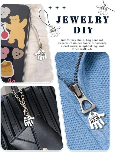 Vista 7 de JIALEEY 100 dijes en forma de mano hechos a mano, letreros tallados en tono plateado para hacer joyas de moda, hallazgos, manualidades, costura