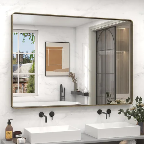 Vista 137 de Paquete de 2 espejos de baño con marco de metal negro de 22 x 30 pulgadas, espejo rectangular redondeado negro mate, antioxidante, se cuelga