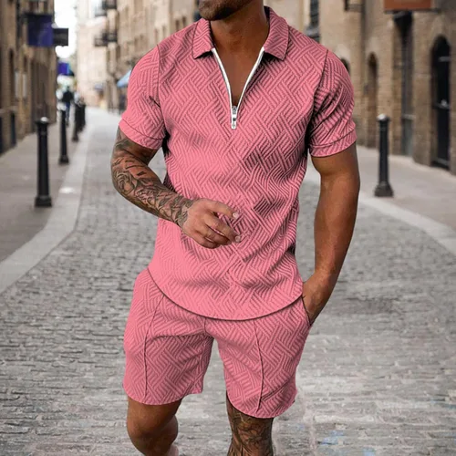Vista 2 de Conjunto de 2 piezas de lino para hombre, conjunto corto de 2 piezas, conjunto de chándal de verano de manga corta con cremallera