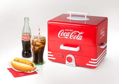 Vista 3 de Nostalgia Vaporizador y calentador de bollos para perros calientes de Coca-Cola extra grande, máquina de palomitas de maíz rojo y palomitas de maíz