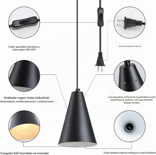 Vista 5 de Lámpara colgante negra enchufable, luces colgantes con interruptor de encendido/apagado de cable de enchufe, mini luces colgantes para isla