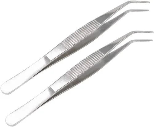 Vista 6 de Pinzas de acero inoxidable de 5 pulgadas con punta dentada curvada, pinzas multiusos para reparación de manualidades, paquete de 2