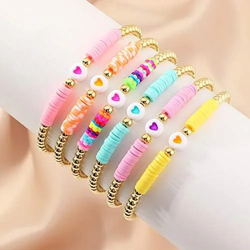 Vista 2 de COLORFUL BLING Paquete de 6 pulseras de cuentas doradas con diseño de bola de disco de vinilo arcoíris para mujeres y niñas