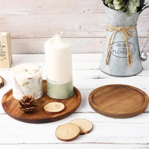 Vista 5 de STOBAZA Bandejas decorativas de madera de acacia para mesa auxiliar, juego de 2 bandejas redondas de madera para centro de mesa, bandeja para velas