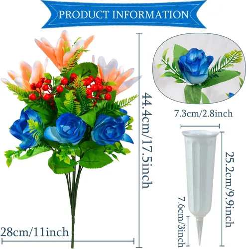 Vista 2 de XONOR Flores artificiales de cementerio para tumba, juego de 4 flores artificiales conmemorativas con jarrón para cementerio al aire libre, lápidas