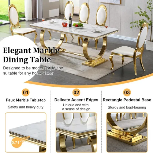 Vista 4 de Juego de mesa de comedor moderno de mármol para 6, sillas de mesa de cocina, juego de 7 piezas con mesa de comedor de imitación de mármol blanco