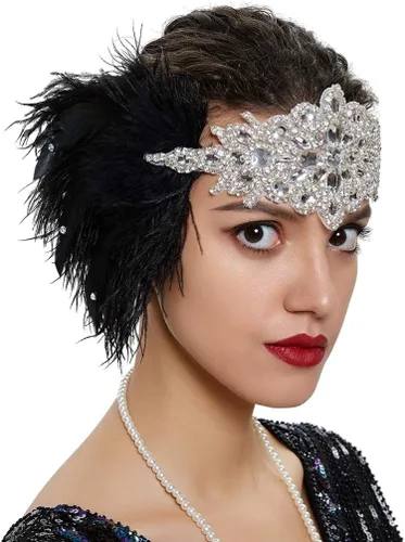 Vista 33 de Roaring 20s Great Gatsby - Diadema estilo flapper para mujer, estilo Art Deco de los años 20, con plumas A azul