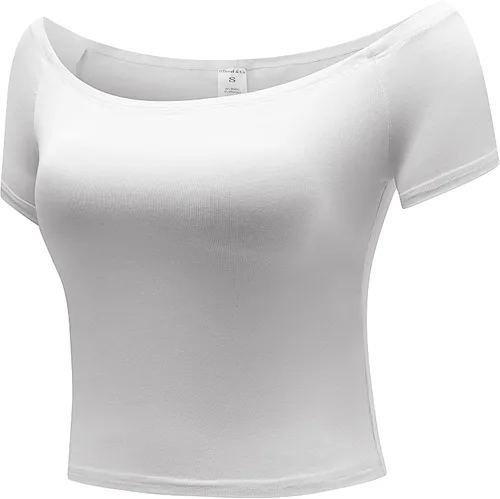 Vista 2 de OThread & Co. Blusa corta de manga corta con hombros descubiertos para mujer, cómoda, básica, con capa elástica