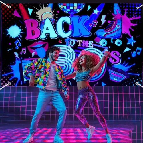 Vista 4 de Breling Cartel de fondo de Back to the 80's Retro Neon 80s que brilla en la oscuridad, decoraciones de fiesta colgantes de hip hop, decoración