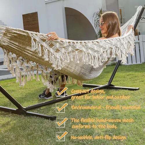 Vista 4 de ZEAN Hamaca tejida a mano con borlas de cuerda de algodón gruesa XL Hamaca para dos personas para patio exterior, jardín, playa, capacidad de 550
