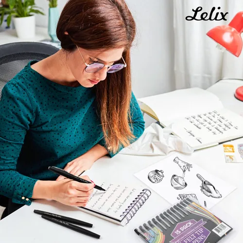 Vista 8 de Lelix Bolígrafos de punta de fieltro, paquete negro de 15 unidades, punta media de 0.7mm, marcadores de punta de fieltro para diario, escritura