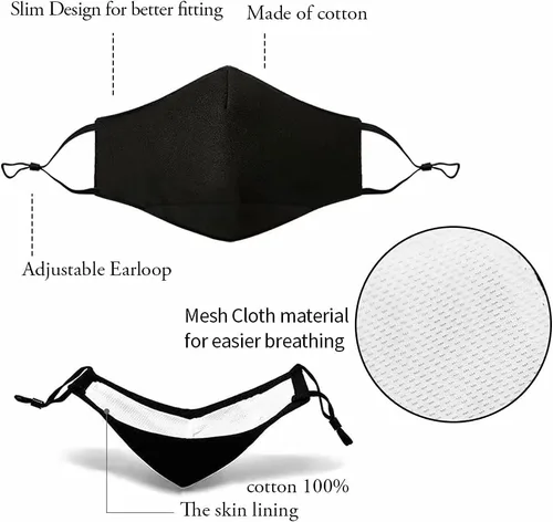 Vista 3 de NBDIB Protección facial ajustable para adultos con bolsillo para filtro y alambre para la nariz, máscara de tela transpirable negra con 10 filtros