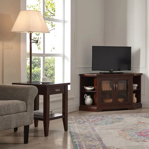 Vista 2 de Leick Home Laurent 10537 - Mesa auxiliar con lámpara, madera maciza, con cajón y estante, cereza chocolate