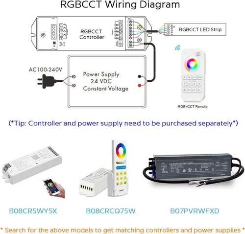 Vista 7 de DC12V RGB CCT - Tira de luz LED que cambia de color, 5050 RGB 2835 luz blanca cálida blanca de doble fila, súper brillante, RGBWW, no impermeable