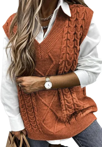 Vista 12 de EVALESS Chaleco Suéter de Gran Tamaño para Mujeres Cuello en V Sin Mangas Color Sólido Suéter Pullover Suelto 1 caqui.