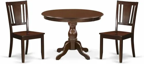 Vista 7 de East West Furniture HBDU3-MAH-C - Juego de comedor de 3 piezas que contiene una mesa de comedor redonda con pedestal y 2 sillas de cocina tapizadas