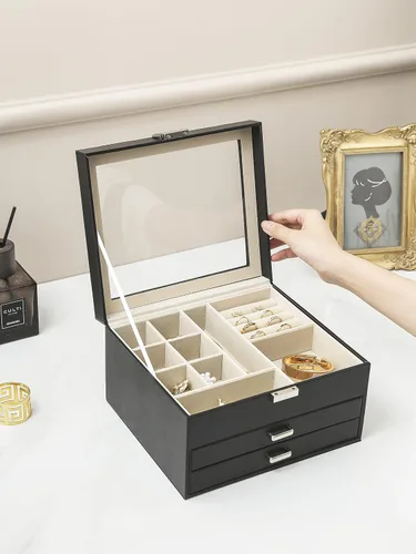 Vista 4 de AOSIFIEL Joyero de 3 capas organizador de joyas con tapa de cristal transparente, joyero para mujeres, adolescentes y niños, caja de almacenamiento