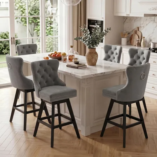 Vista 284 de SoarFlash Juego de 2 taburetes de bar tapizados de terciopelo moderno con patas de madera, botones acolchados, cabeza de clavo cromada, asiento