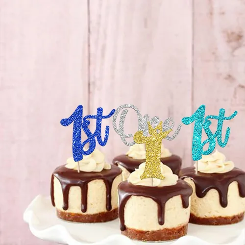 Vista 5 de Paquete de 24 adornos para cupcakes de un cumpleaños, con purpurina para el primer cumpleaños, coronas, decoraciones de pastel feliz para el primer