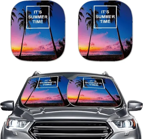 Vista 16 de Parasol para parabrisas de automóvil con estampado de playa tropical, protección universal para proteger el interior del automóvil, bloquea