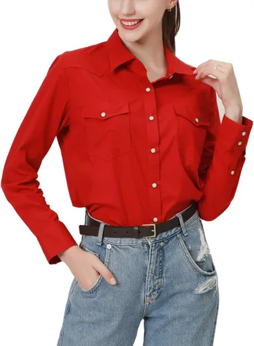 Vista 23 de PASHARTUK Camisas occidentales para mujer, camisas de manga larga de algodón para mujer con botones a presión, camisas a cuadros para mujer Beige