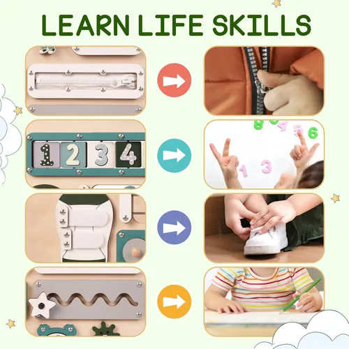Vista 4 de KALOTOYS Tablero de actividades Montessori grande, juguetes sensoriales para niños de 1, 2, 3 años, habilidades motoras finas y aprendizaje Verde