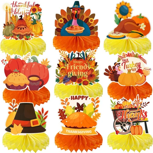 Vista 12 de Centro de mesa de Acción de Gracias, 9 piezas, decoración de mesa de otoño, calabaza, pavo, panal, Acción de Gracias, centro de mesa para decoración