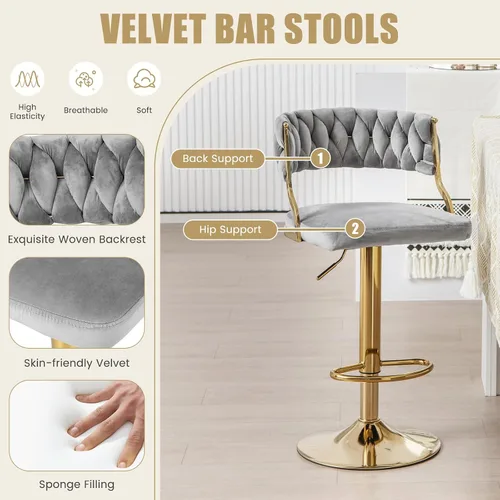 Vista 7 de Giantex Juego de 2 taburetes de bar giratorios de altura ajustable, taburetes de bar de terciopelo con respaldo abierto con elegante respaldo